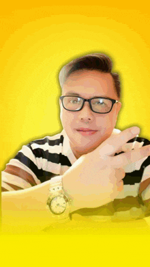 a man wearing glasses and a watch is standing in front of a yellow background that says john ron