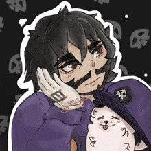 a drawing of a man holding a stuffed animal with the letter e on his hand