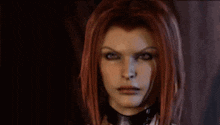a woman with red hair is wearing a choker and looking at the camera .