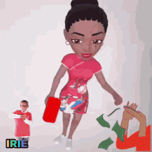 a girl in a pink dress is holding a red card next to a boy in a red shirt that says irie