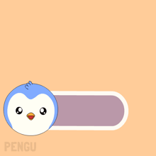 a purple button that says click here next to a cartoon penguin