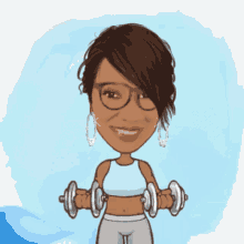 a cartoon of a woman lifting dumbbells in front of a blue background
