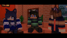 three minecraft characters are sitting on a couch in a living room