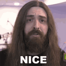 a man with long hair and a beard says the word nice