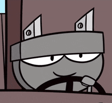 a cartoon character is driving a car and has a sticker on his head that says ' o '