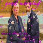 a man and a woman are standing next to each other with butterflies around them