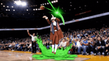 a man in a costume throws a basketball in a stadium