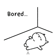 a black and white drawing of a bored cat laying on the floor next to a bed .