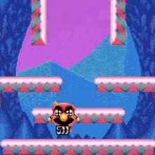 a pixel art of a game with a purple background and a cartoon character on a platform .