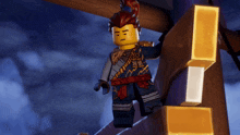 a lego figure with red hair is standing on a ladder