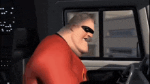a cartoon character is sitting in the driver 's seat of a car and looking out the window .