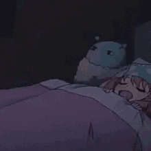 a cartoon girl is sitting on a bed with a stuffed animal .