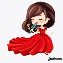 a girl in a red dress is singing into a microphone with the word soulful written below her