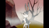 a cartoon character named bugs bunny is standing in a field