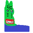 a pixel art of a green frog with a red mouth .