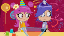 two cartoon characters are standing next to each other with one wearing a party hat with a skull on it