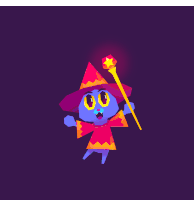 a colorful cartoon character with a purple hat and a wand
