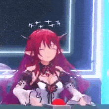 a red haired anime girl is sitting at a table with a red button in front of her .