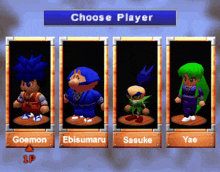 a video game screen shows four characters and says choose player