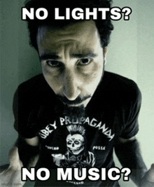 a man with a beard is wearing a shirt that says obey propaganda