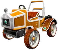 an orange and white toy car with a flower on the fender