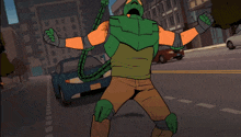 a cartoon of a man holding a spear in front of a g corp truck