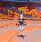 a cartoon character is standing in front of a wall with graffiti on it .