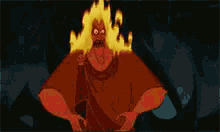 a cartoon character with flames coming out of his head and the word god in white letters