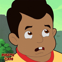 a cartoon of a boy with the words mighty raju below him