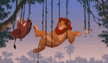 a cartoon of a lion hanging from a tree with other animals