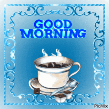 a picture of a cup of coffee with the words good morning above it