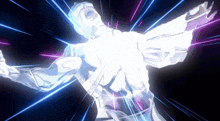 a superhero is flying through the air with his arms outstretched and a light coming out of his chest .