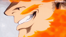 a close up of a man 's face with fire coming out of his mouth and the words mrfanboy written below it