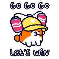 a cartoon of a dog wearing a yellow hat with two cans attached to it and the words go go go let 's win