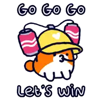 a cartoon of a dog wearing a yellow hat with two cans attached to it and the words go go go let 's win