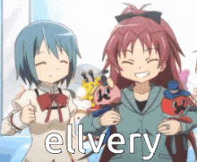 two anime girls are standing next to each other and the word elvery is visible