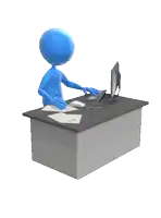 a blue man is standing in front of a pile of papers