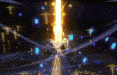 a cartoon character is holding a sword that is glowing in the dark