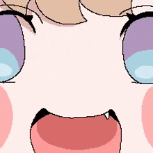 a pixel art drawing of a girl 's face with purple eyes and a pink tongue .