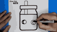 a person is drawing a jar on a piece of paper that says draw cute on it