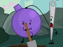 a cartoon character holding a shovel next to a needle