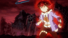 a boy with red hair and a purple jacket stands in front of a ruined building