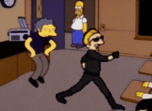 a cartoon of homer simpson standing behind a man in black pants