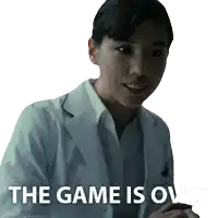 a woman in a lab coat with the words the game is over below her