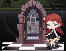 a girl with red hair is standing in front of a door with the number 24916