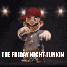 a blurred image of mario holding a microphone with the words the friday night funkin above him