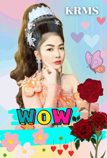 a picture of a woman with flowers and the word wow