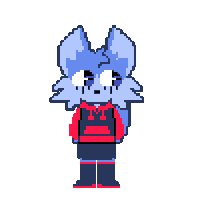 a pixel art drawing of a blue wolf wearing a red sweater