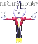 a cartoon character with a purple head is standing with his arms outstretched in front of a sign that says nur tena monday