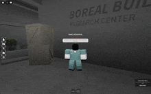 a person in a video game standing in front of a boreal building research center